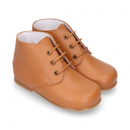 TAN color Nappa Leather kids booties with laces closure.