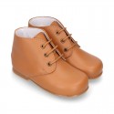 TAN color Nappa Leather kids booties with laces closure.