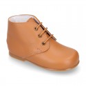 TAN color Nappa Leather kids booties with laces closure.