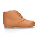 TAN color Nappa Leather kids booties with laces closure.