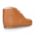 TAN color Nappa Leather kids booties with laces closure.