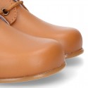 TAN color Nappa Leather kids booties with laces closure.