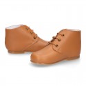 TAN color Nappa Leather kids booties with laces closure.