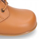 TAN color Nappa Leather kids booties with laces closure.