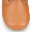 TAN color Nappa Leather kids booties with laces closure.