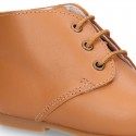 TAN color Nappa Leather kids booties with laces closure.