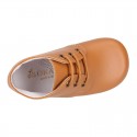 TAN color Nappa Leather kids booties with laces closure.