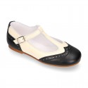 T-strap little Girl Mary Janes combined in soft nappa leather.