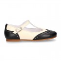 T-strap little Girl Mary Janes combined in soft nappa leather.