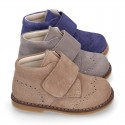 Suede Leather kids booties with chopped design and laceless.