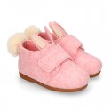 Wool felt kids bootie home shoes with hook and loop strap and little RABBIT design.