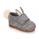 Wool felt kids bootie home shoes with hook and loop strap and little RABBIT design.