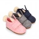 Wool felt kids bootie home shoes with hook and loop strap and little RABBIT design.