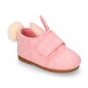 Wool felt kids bootie home shoes with hook and loop strap and little RABBIT design.