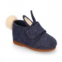 Wool felt kids bootie home shoes with hook and loop strap and little RABBIT design.