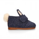 Wool felt kids bootie home shoes with hook and loop strap and little RABBIT design.
