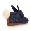 Wool felt kids bootie home shoes with hook and loop strap and little RABBIT design.