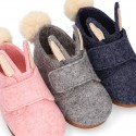 Wool felt kids bootie home shoes with hook and loop strap and little RABBIT design.