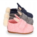 Wool felt kids bootie home shoes with hook and loop strap and little RABBIT design.