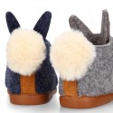 Wool felt kids bootie home shoes with hook and loop strap and little RABBIT design.