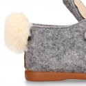 Wool felt kids bootie home shoes with hook and loop strap and little RABBIT design.