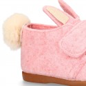 Wool felt kids bootie home shoes with hook and loop strap and little RABBIT design.