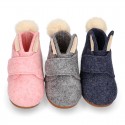 Wool felt kids bootie home shoes with hook and loop strap and little RABBIT design.