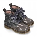 ROCK style patent leather kids boots with GLITTER in new colors and velvet ties closure.