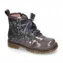 ROCK style patent leather kids boots with GLITTER in new colors and velvet ties closure.