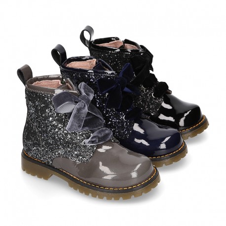 ROCK style patent leather kids boots with GLITTER in new colors and velvet ties closure.