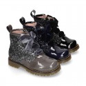 ROCK style patent leather kids boots with GLITTER in new colors and velvet ties closure.