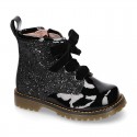 ROCK style patent leather kids boots with GLITTER in new colors and velvet ties closure.