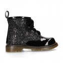 ROCK style patent leather kids boots with GLITTER in new colors and velvet ties closure.