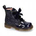 ROCK style patent leather kids boots with GLITTER in new colors and velvet ties closure.