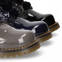 ROCK style patent leather kids boots with GLITTER in new colors and velvet ties closure.