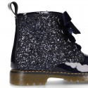 ROCK style patent leather kids boots with GLITTER in new colors and velvet ties closure.