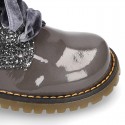 ROCK style patent leather kids boots with GLITTER in new colors and velvet ties closure.