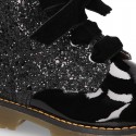 ROCK style patent leather kids boots with GLITTER in new colors and velvet ties closure.