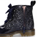 ROCK style patent leather kids boots with GLITTER in new colors and velvet ties closure.