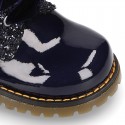 ROCK style patent leather kids boots with GLITTER in new colors and velvet ties closure.