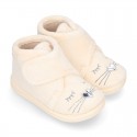 Wool knit kids Bootie home shoes with hook and loop strap and little CAT design.