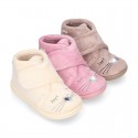 Wool knit kids Bootie home shoes with hook and loop strap and little CAT design.