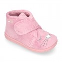 Wool knit kids Bootie home shoes with hook and loop strap and little CAT design.