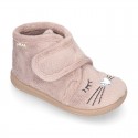 Wool knit kids Bootie home shoes with hook and loop strap and little CAT design.