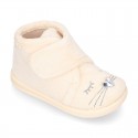 Wool knit kids Bootie home shoes with hook and loop strap and little CAT design.