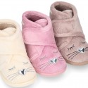Wool knit kids Bootie home shoes with hook and loop strap and little CAT design.
