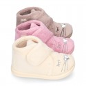 Wool knit kids Bootie home shoes with hook and loop strap and little CAT design.