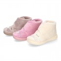 Wool knit kids Bootie home shoes with hook and loop strap and little CAT design.