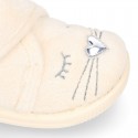 Wool knit kids Bootie home shoes with hook and loop strap and little CAT design.