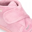 Wool knit kids Bootie home shoes with hook and loop strap and little CAT design.